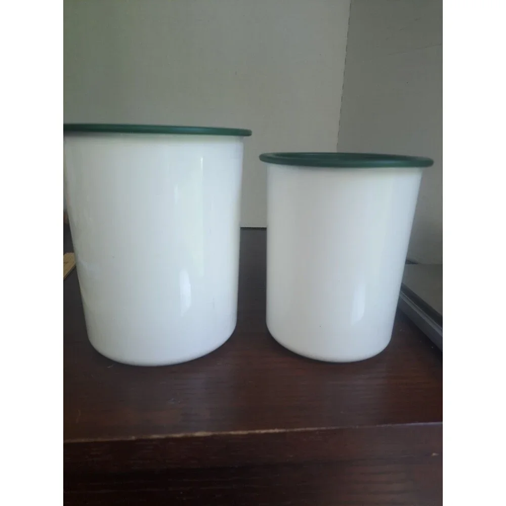 Vtg Set Of 2 Tupperware One Touch Cannisters With Veiwing Window White With...